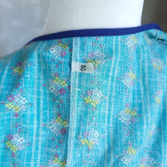 Vintage Cottagecore Floral Button Front Midi Dress Cerulean Blue Cotton V-Neck - Picture 15 of 15
